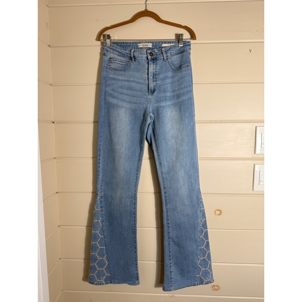 Guess 1981 Flare Jeans Embroidered Bell Bottom Light Wash Denim Blue 30